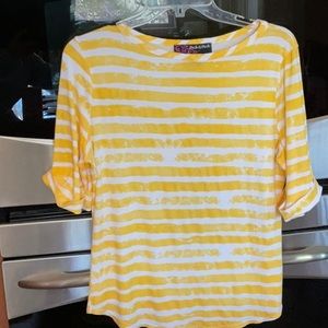 Peck & Peck Bright Yellow & White Striped Short Sleeve Top, cuffed half sleeve